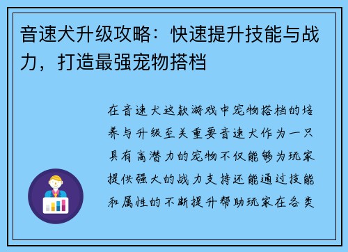 音速犬升级攻略：快速提升技能与战力，打造最强宠物搭档