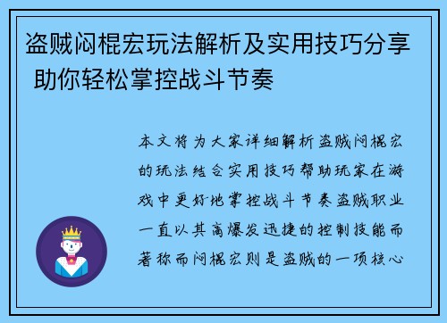 盗贼闷棍宏玩法解析及实用技巧分享 助你轻松掌控战斗节奏